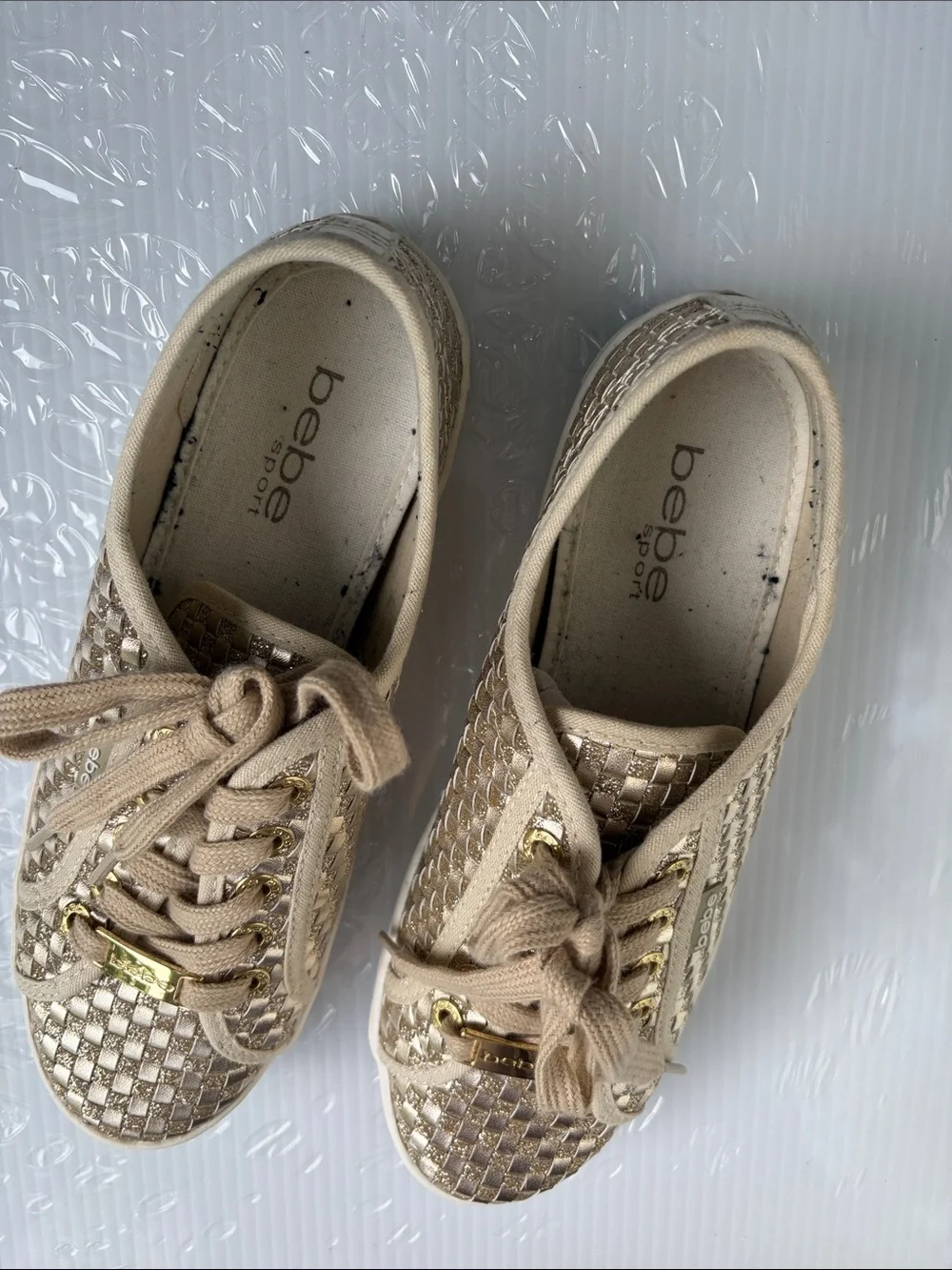 bebe Metallic Beige Woven Lace-Up Sneakers with Gold Accents